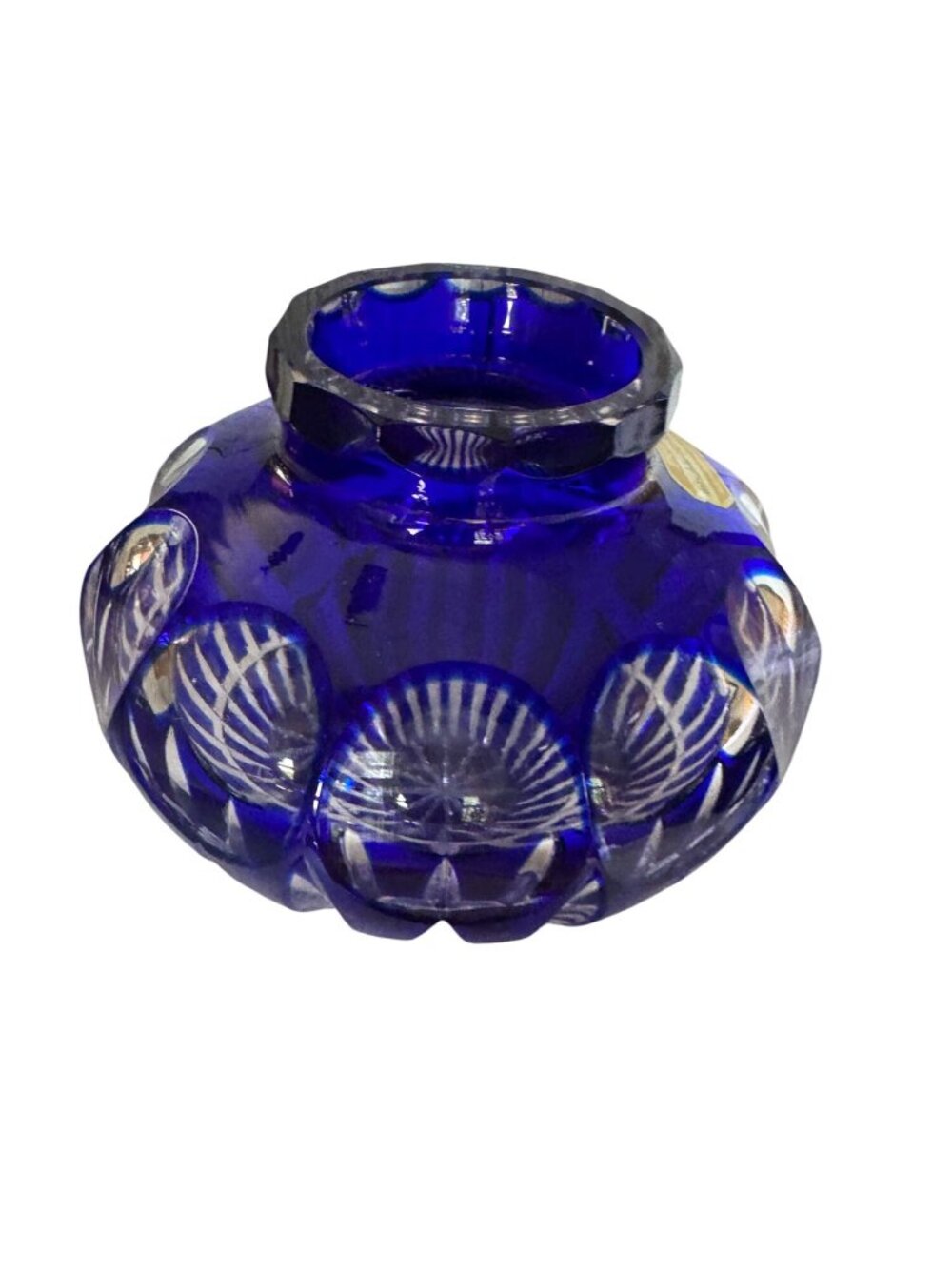 Vintage Cobalt Blue Cut to Clear Lead Crystal Rose Bowl Vase Germany 5" - Picture 3 of 9